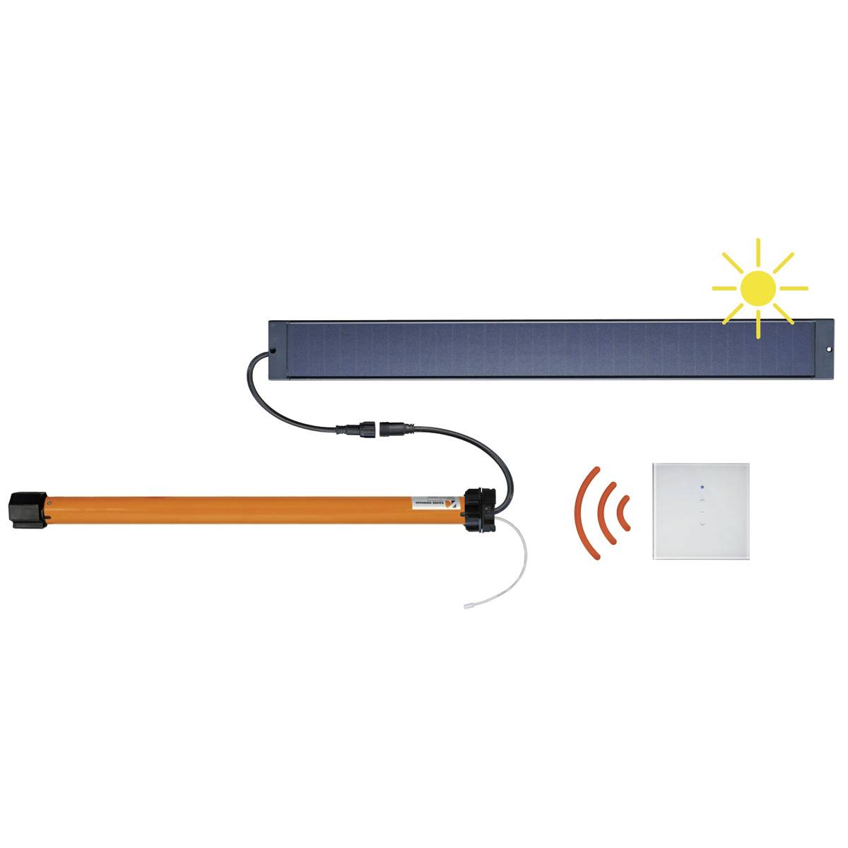 A solar-powered roller shutter motor with solar panel and wireless remote control. Ideal for automatic roller shutter operation.