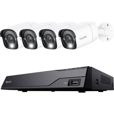 Four Reolink security cameras and a DVR system, indicating a surveillance setup for monitoring and recording areas for security purposes.