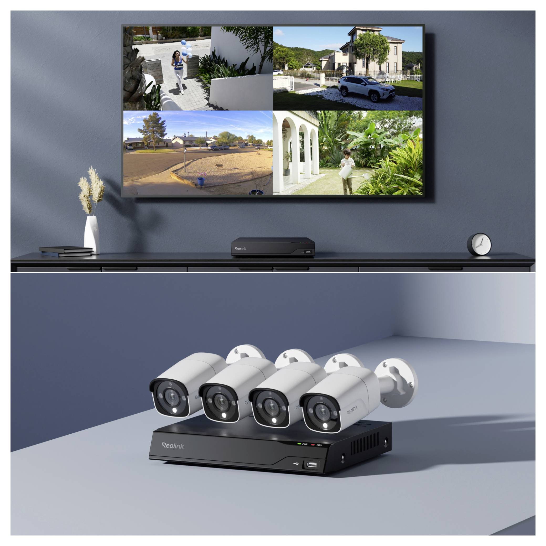 A home security system is displayed showing live camera feeds of a house exterior on a TV, with security cameras shown on a table below.