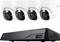 Four white security cameras and a black digital video recorder.