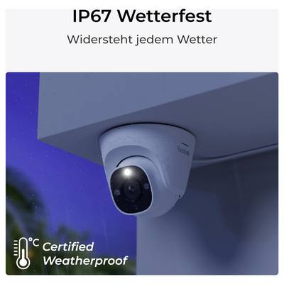 A weatherproof surveillance camera mounted under an outdoor structure, labeled 'IP67 Wetterfest', indicating resistance to various weather conditions.