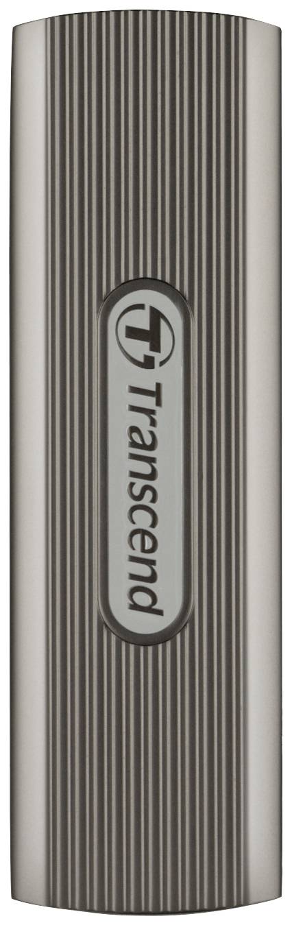 A silver Transcend USB stick with vertical grooves and a central logo.