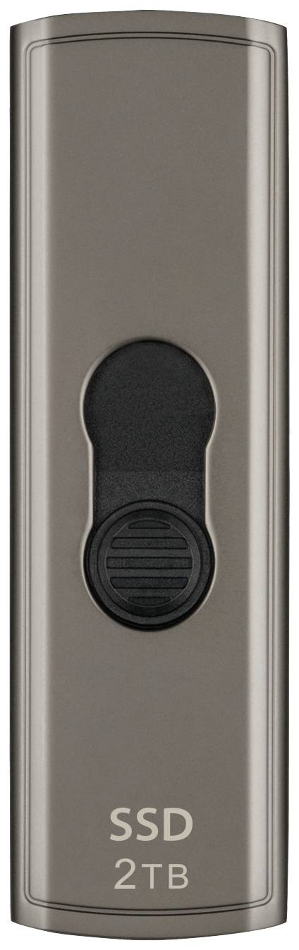 A portable SSD drive with 'SSD 2TB' printed on the front. It has a slim, silver casing.