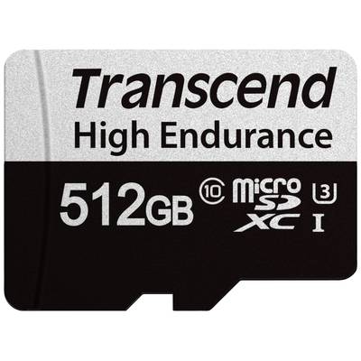 'Transcend High Endurance' 512GB microSDXC memory card with logos for speed classes and UHS-I.