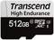 'Transcend High Endurance' 512GB microSDXC memory card with logos for speed classes and UHS-I.