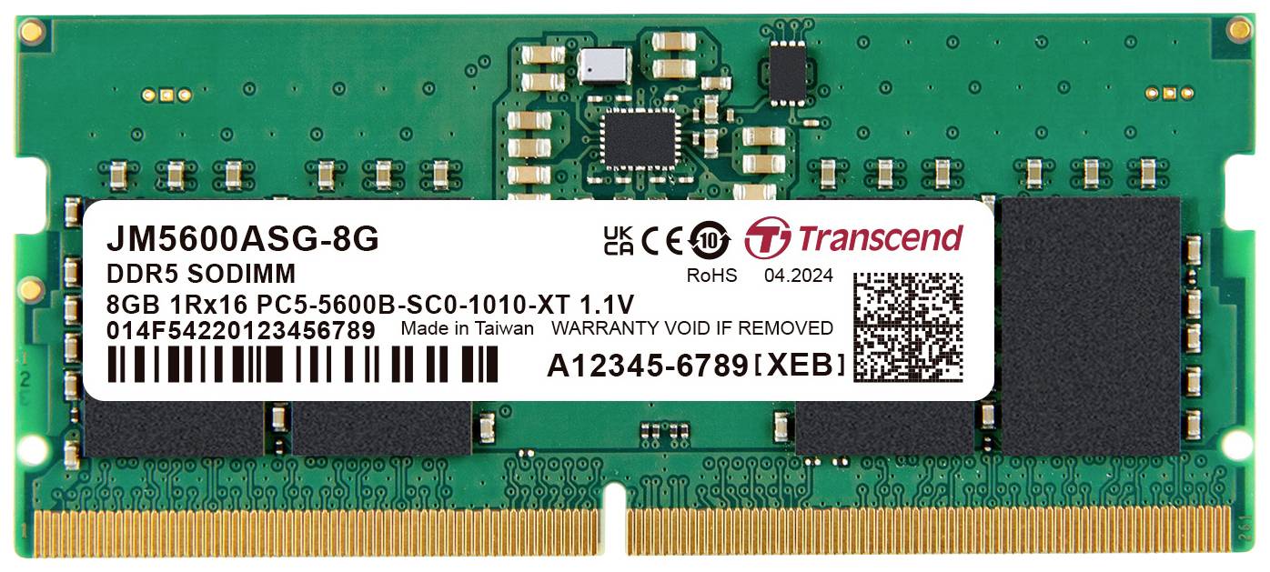 Transcend JM5600ASG-8G PC RAM card Retail DDR5 8 GB 1 x 8 GB on-die ECC 5600 MHz 262-pin SO-DIMM JM5600ASG-8G