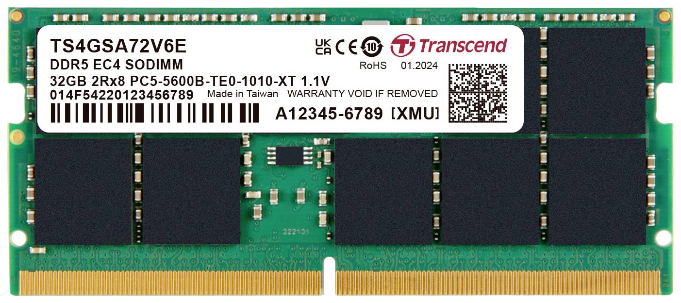 Transcend TS4GSA72V6E PC RAM card Retail DDR5 32 GB 1 x 32 GB ECC 5600 MHz 262-pin SO-DIMM TS4GSA72V6E