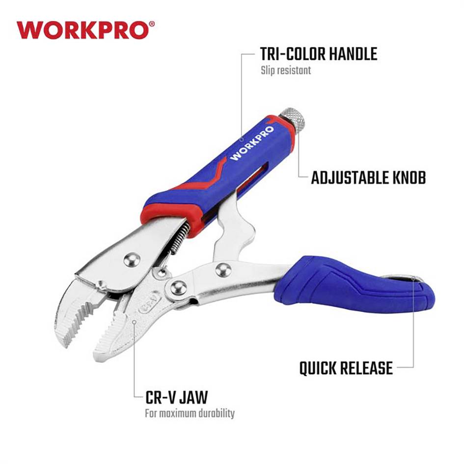 Pliers with blue and red non-slip handle. Adjustable button and CR-V jaws for durability. Quick release. Brand 'WORKPRO'.