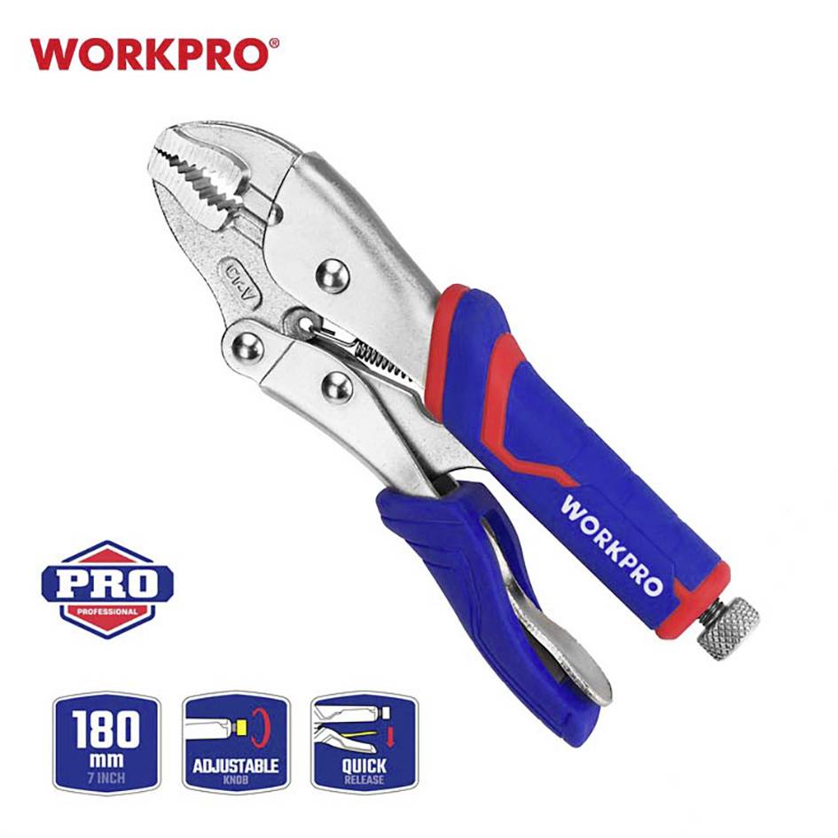 'WORKPRO' silver locking pliers with blue-red handle, adjustable button, and quick-release mechanism. Length: 180 mm.