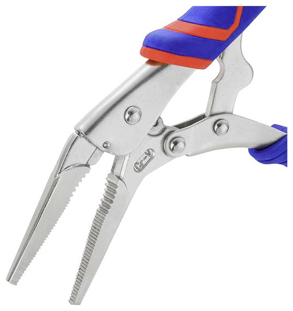 A silver pair of pliers with serrated gripping surfaces and a blue-red handle, opened and ready to grasp objects.