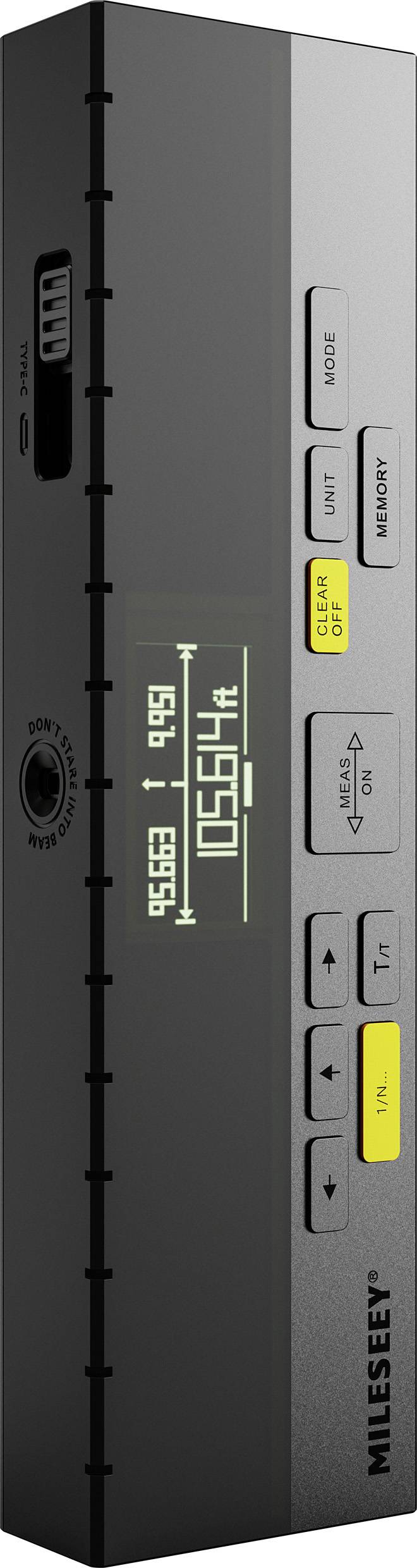 A handy device with a display and buttons for measuring distances. Contains buttons for modes, memory, and clearing. Brand name 'Mileseey'.