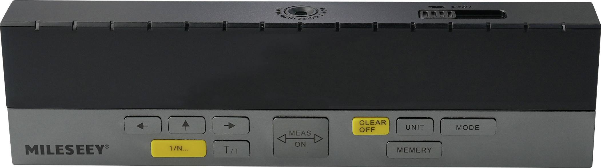 A digital distance measuring device with control buttons. Printed with 'MILESEEY'. Buttons for units of measurement, memory, and functions visible.