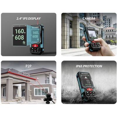 Laser Distance Meter Features: '2.4" IPS Display', Camera with Building in Background, P2P Measurement to Building, 'IP65 Protection' against Water and Dust.