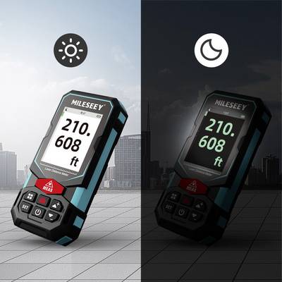 A laser rangefinder displays '210.608 ft' on a screen. On the left it is bright with a sun symbol, on the right dark with a moon symbol.