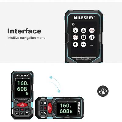 A laser rangefinder with a digital display shows '160.68 ft'. The device has an intuitive user interface with various navigation symbols.