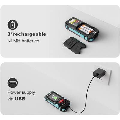 Battery charger with three rechargeable NiMH batteries. Lower image shows charger connected to mains socket via USB cable.