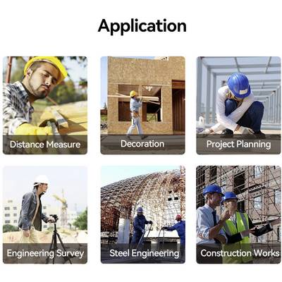 Six pictures of construction workers at work: distance measurement, decoration, project planning, surveying, steel construction, construction works.