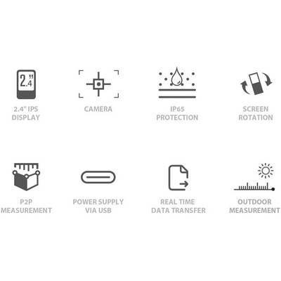 'Image symbols for 2.4" IPS display, camera, IP65 protection, screen rotation, P2P measurement, USB power supply, real-time data transmission, outdoor measurement.'