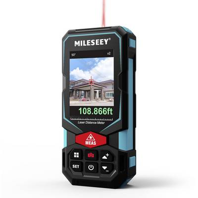 A laser rangefinder displays the measurement of '108.866 ft' of a house on the screen.<br><br>Note: In British English, the full stop (period) would typically be used as the decimal separator, so the measurement would be displayed as '108.866 ft'.