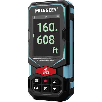 Digital laser distance measuring device with black screen, green display: '160.608 ft'. Black buttons for measurement and settings.