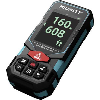Laser distance meter with screen displaying '160.608 ft'. Buttons for settings, memory, measurements and rotation diagram.