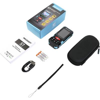 Laser distance measure set with device, instructions, batteries, USB cable and protective case, designed for precise measurements.
