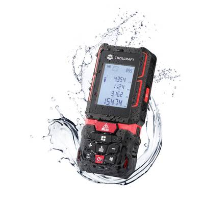 Digital laser distance meter in splash-proof housing, with illuminated display and buttons; suitable for precise measurements.