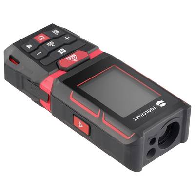 A black and red digital measuring device with a screen and multiple function buttons, side view.