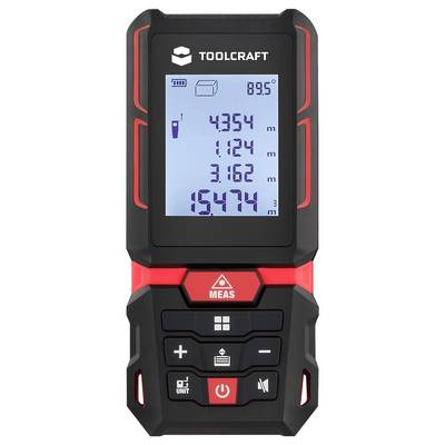 'Decorated laser distance metre with display reading: 89.5 degrees, measurements of 4.354 m, 1.124 m, 3.162 m and volume 15.474 m³.'