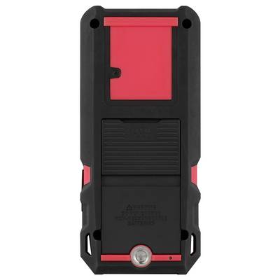 A black and red rectangular device with structured elements and a small button at the bottom, possibly an electronic tool.