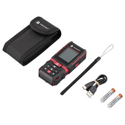 A laser distance measuring set comprising a distance measurer, USB cable, wrist strap, two batteries, and a carry case.