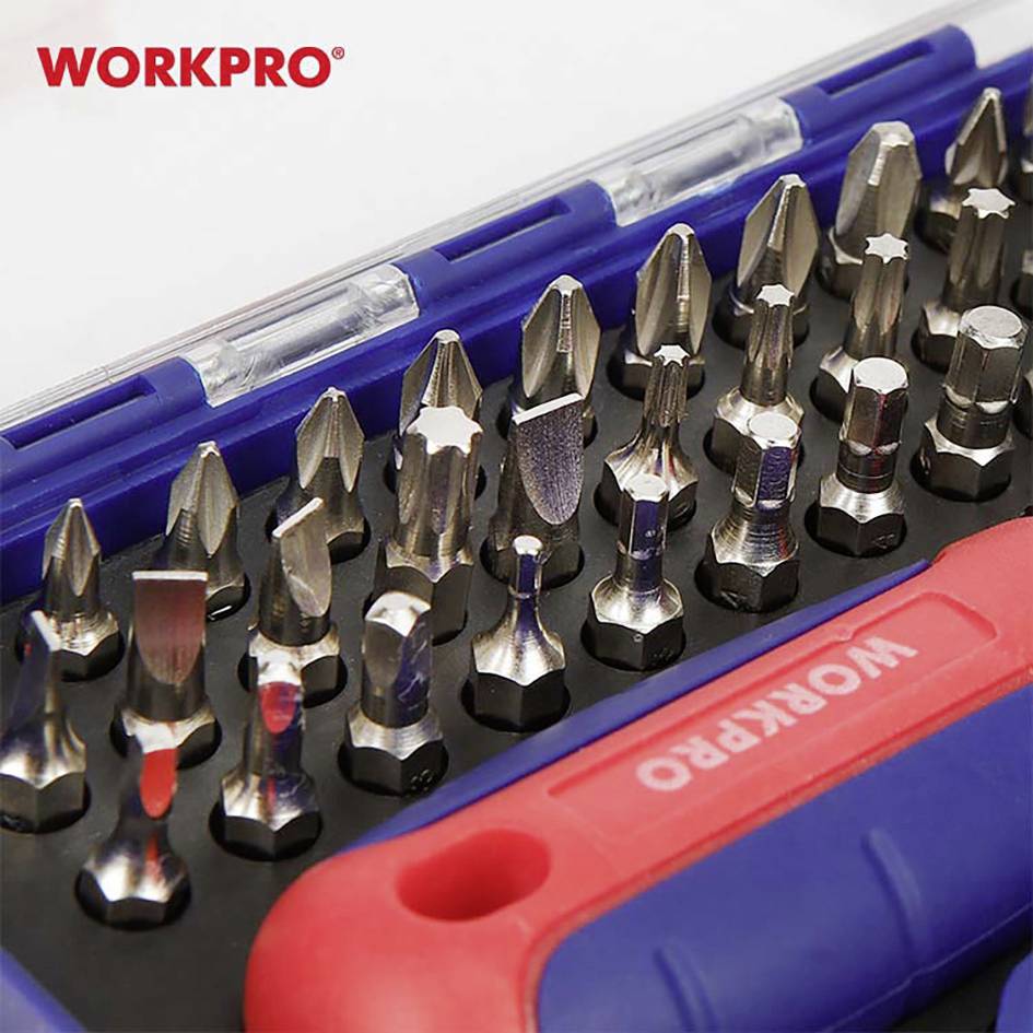 'Set of screwdriver bits in a blue and red case. Various forms and sizes of bits are visible.'