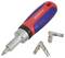 A multi-functional screwdriver with a red handle and several interchangeable bits lying to the right of it.