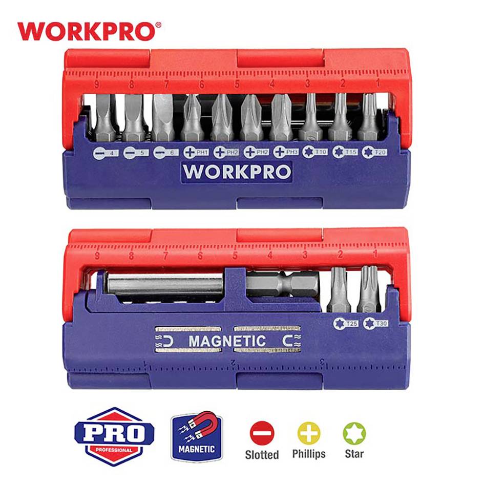 Screwdriver Set by WORKPRO, comprising various magnetic bits: Slotted, Phillips, and Star. Contains 32 pieces.