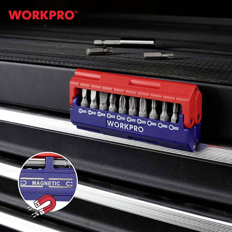 A magnetic bit set from WORKPRO, lying on a black toolbox. An additional image demonstrates the magnetic function.