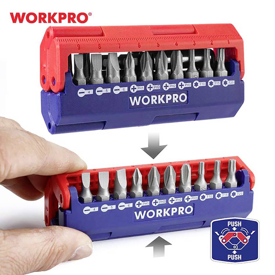 A person presses a red lever to open a blue bit holder by WORKPRO. Arrows indicate the direction of movement.