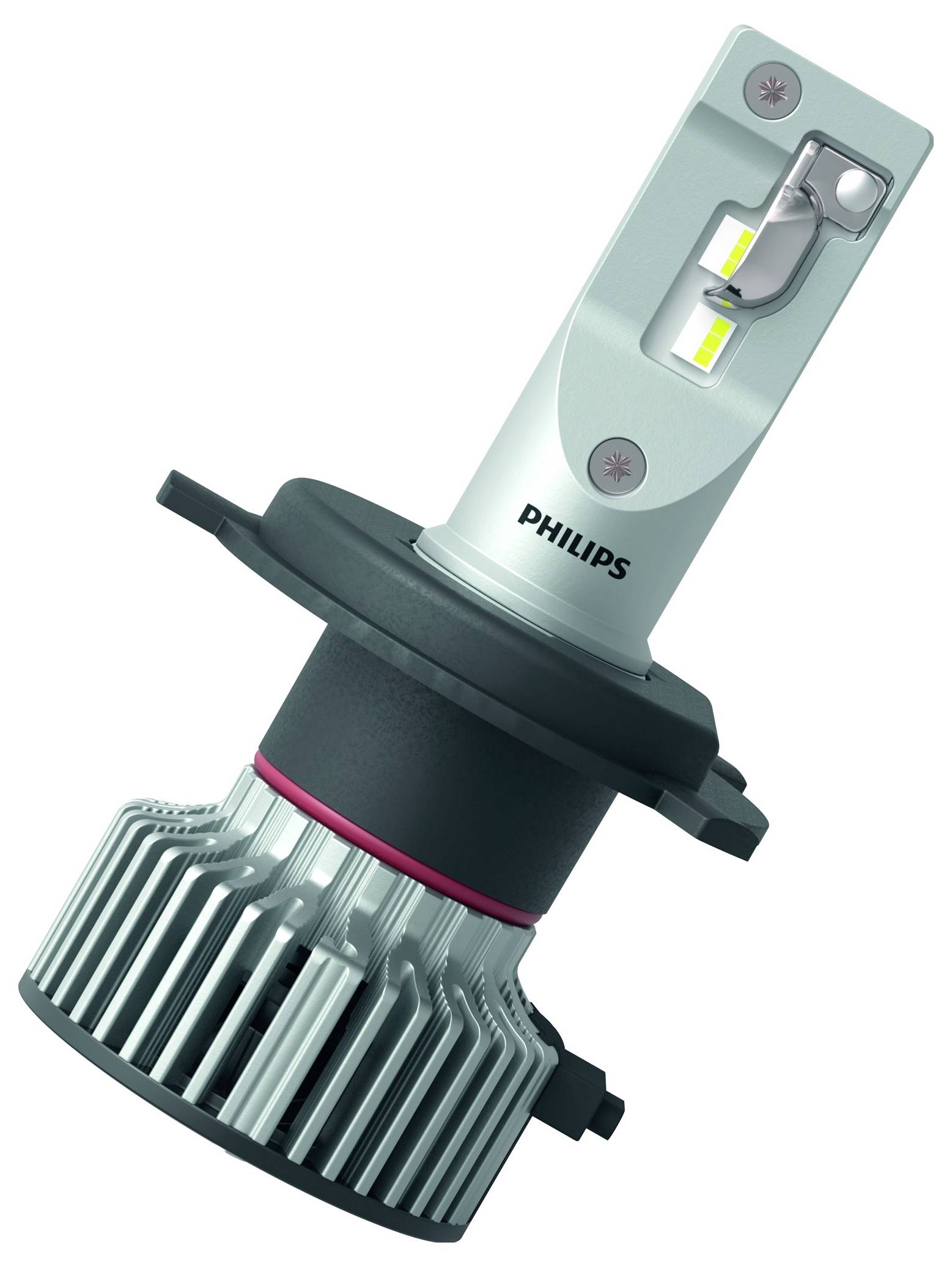 The image depicts an LED lamp with a heat sink and brand name. It is designed for use in automotive headlights.