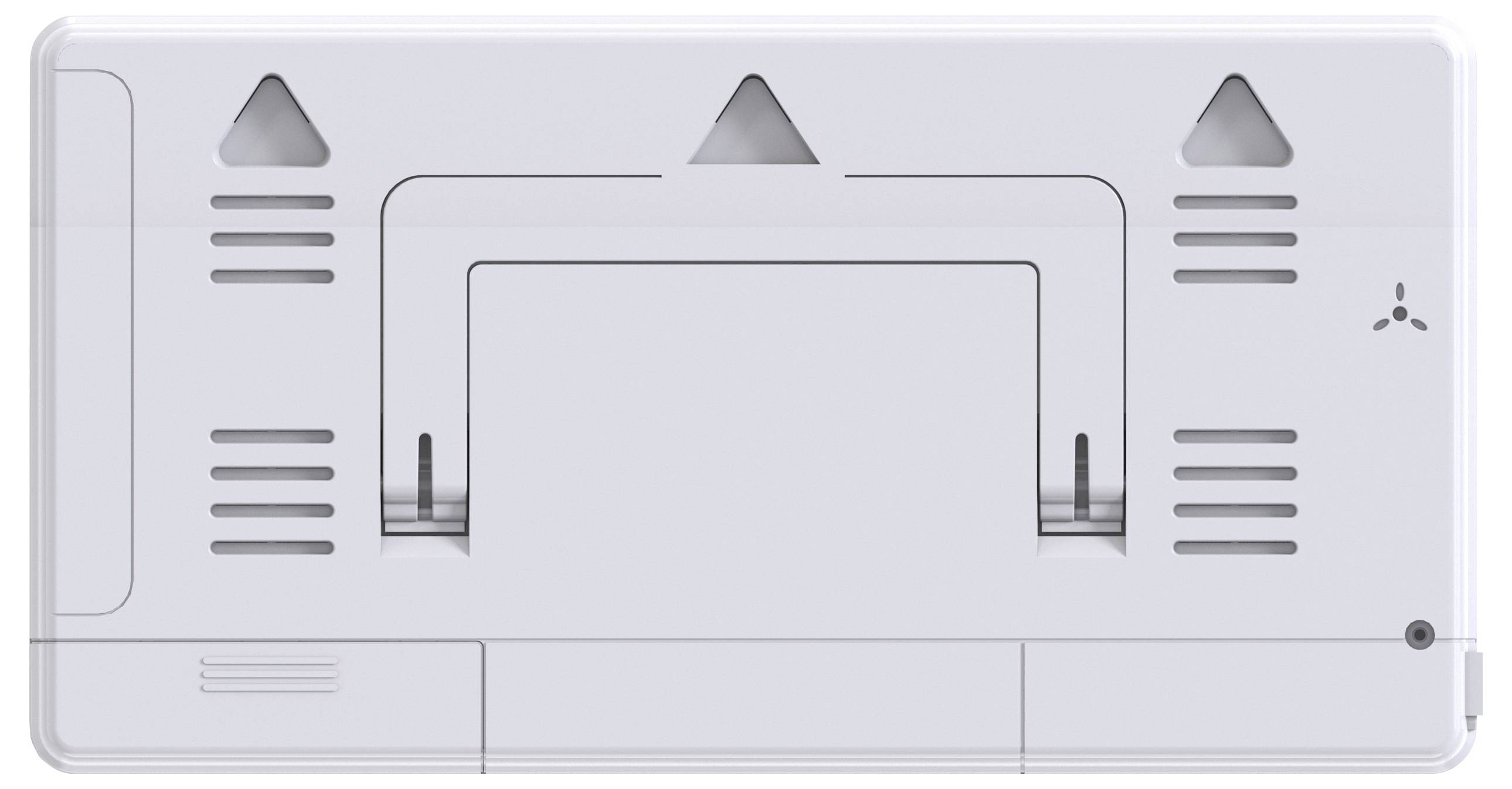 Rear view of a white electronic device with ventilation slots and multiple openings, potentially suitable for wall mounting.