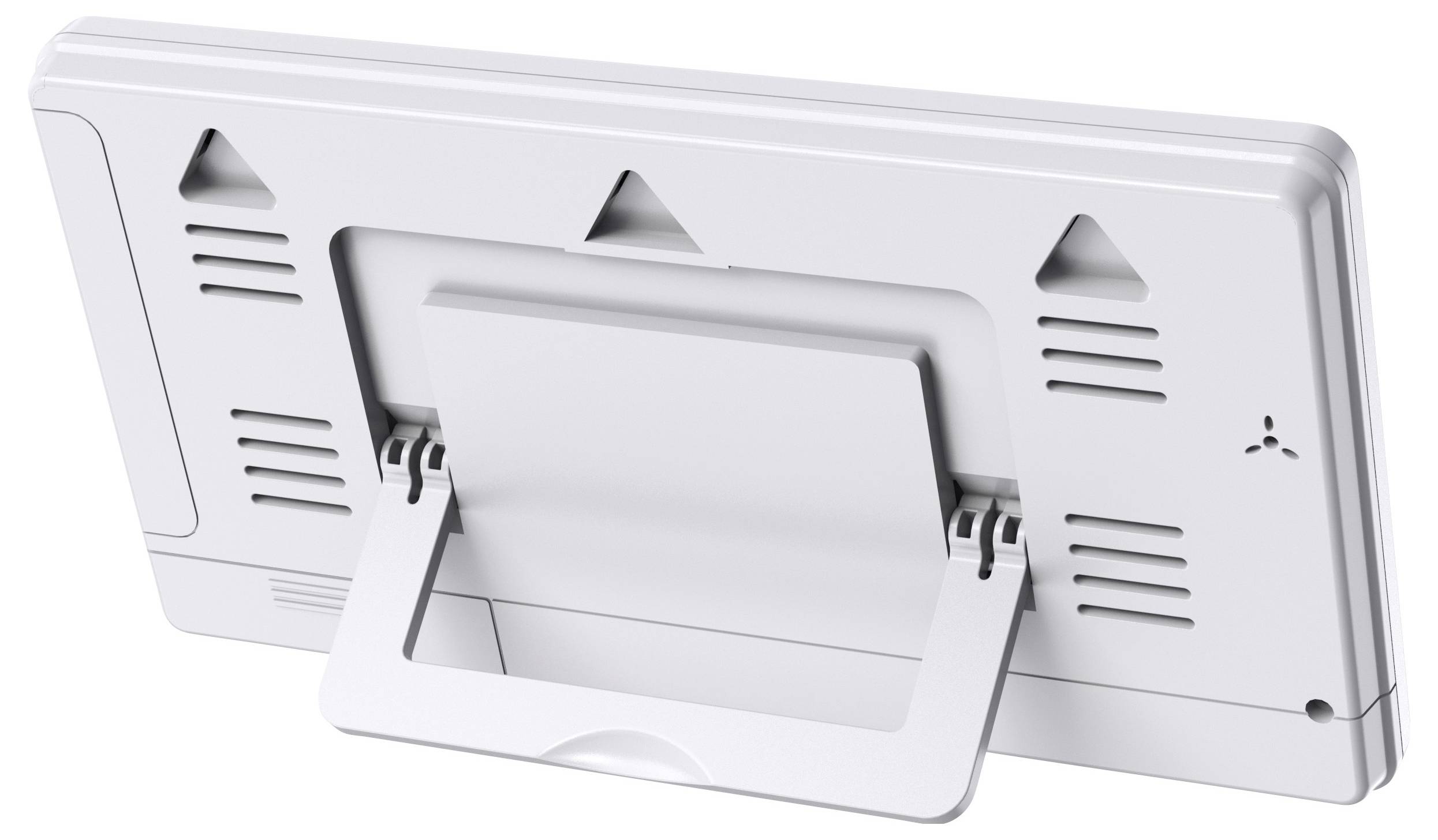 A white digital photo frame from behind, showing the foldable stand as well as ventilation slots and a small speaker.