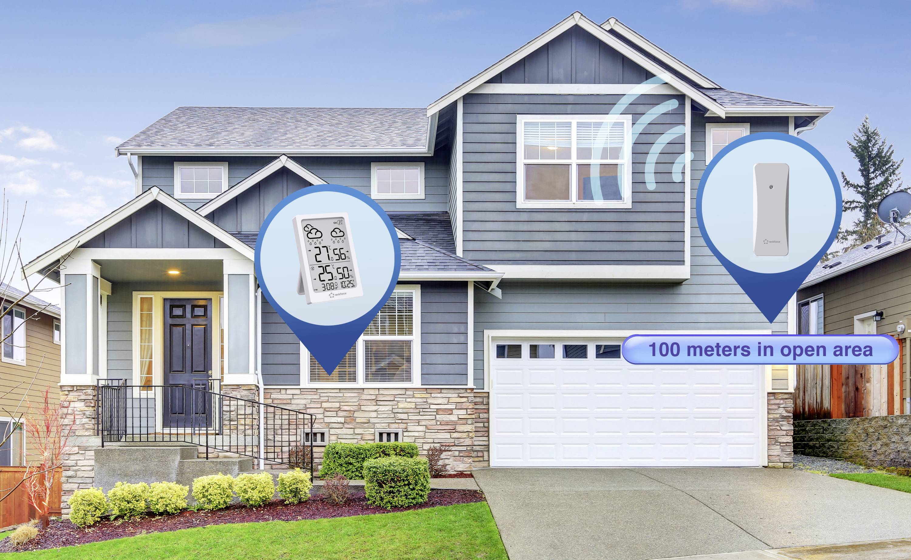 Modern two-storey house with a smart thermometer and sensor; outdoor radio range of 100 metres is highlighted.