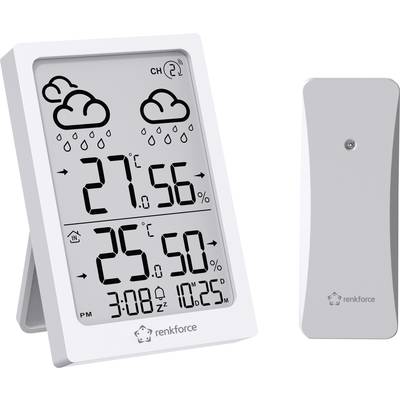 White digital weather station with large display. Shows outdoor temperature 27.5°C, humidity 56%, indoor temperature 25°C, humidity 50%, time 3:08, date 25.10. Rain symbols.