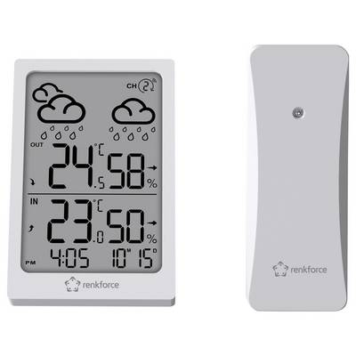 Digital thermometer display showing indoor and outdoor temperatures, humidity, time, and weather symbols for rain and clouds.