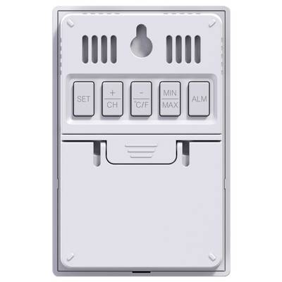 A white weather station with buttons: 'SET', '+', 'CH', '°C/°F', 'MIN MAX' and 'ALM', along with ventilation slots at the top.