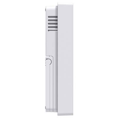 Side view of a white, rectangular electronic device with ventilation slots at the top.