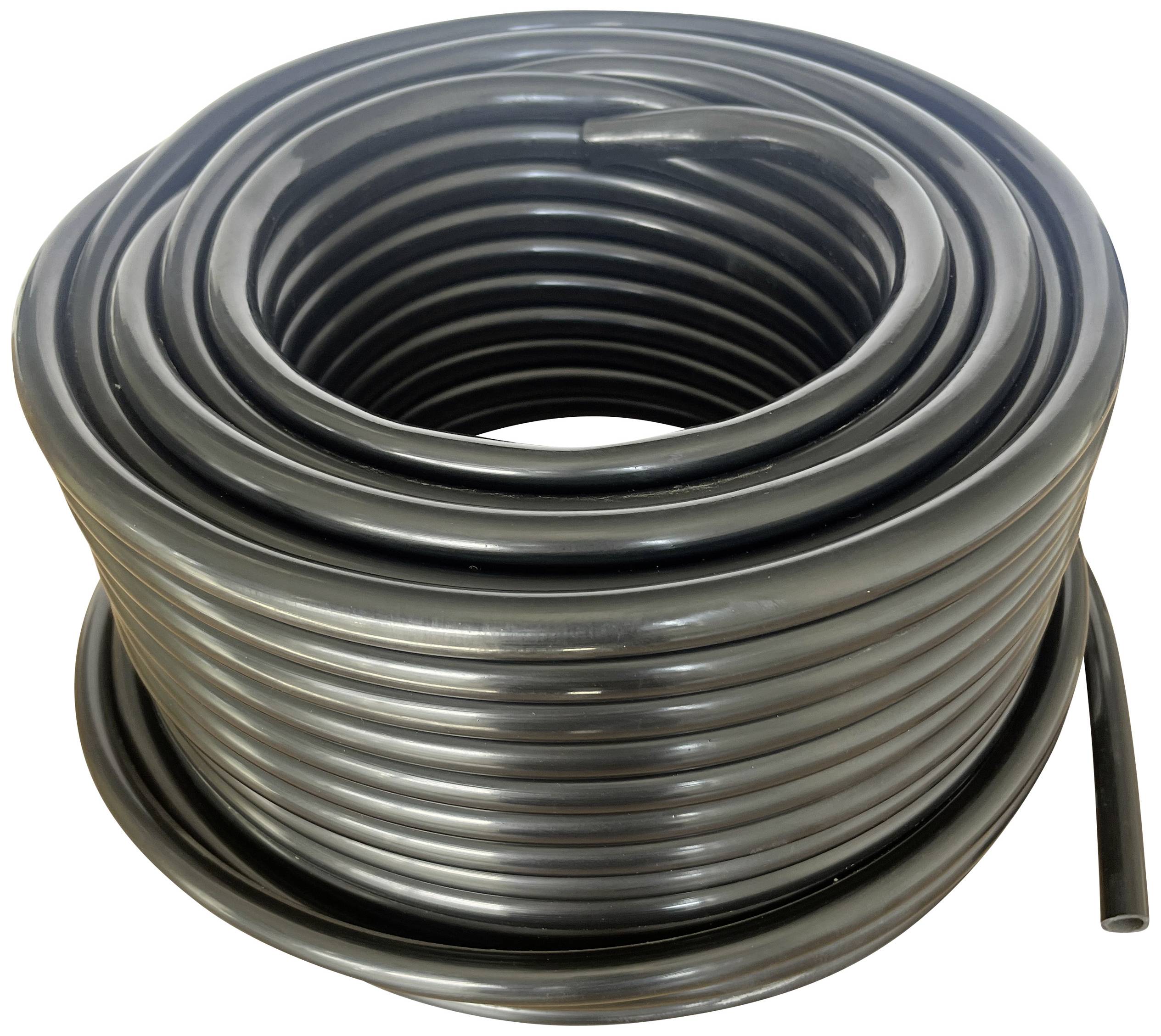 A large roll of black, flexible hose, coiled and viewed from the side. The hose is smooth and suitable for outdoor use.