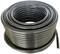 A large roll of black, flexible hose, coiled and viewed from the side. The hose is smooth and suitable for outdoor use.