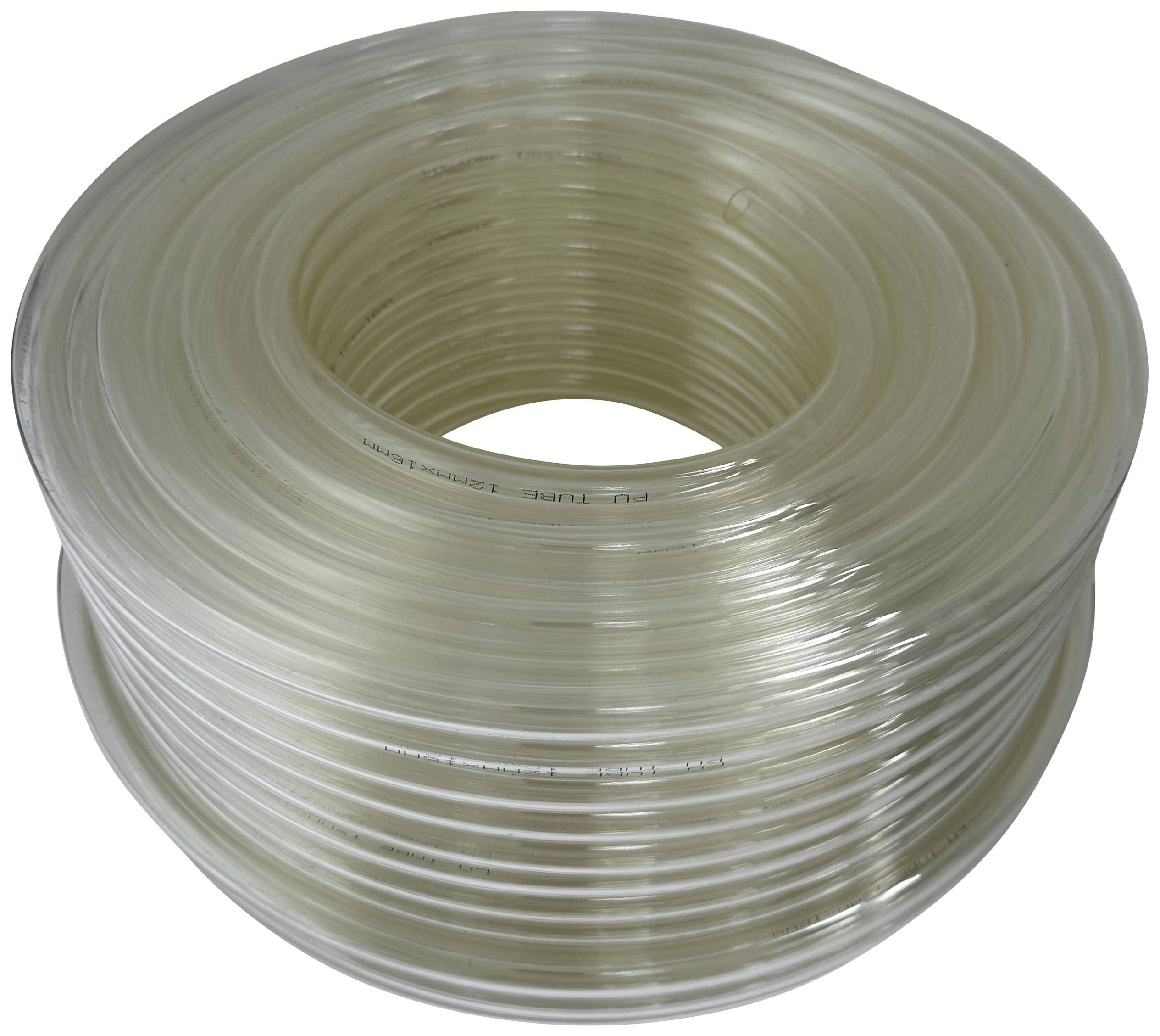 A roll of transparent plastic tubing, wound in a spiral, demonstrates flexibility and diameter.