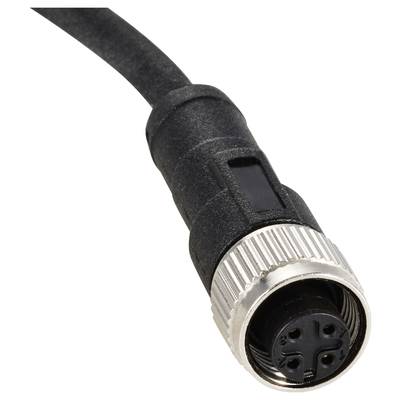 A black, cylindrical connector with four pins at the end of a cable, possibly for electronic devices.
