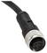 A black, cylindrical connector with four pins at the end of a cable, possibly for electronic devices.