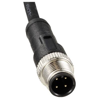 Black, round connector with metal threading and four pins, suitable for industrial applications and robust connections.
